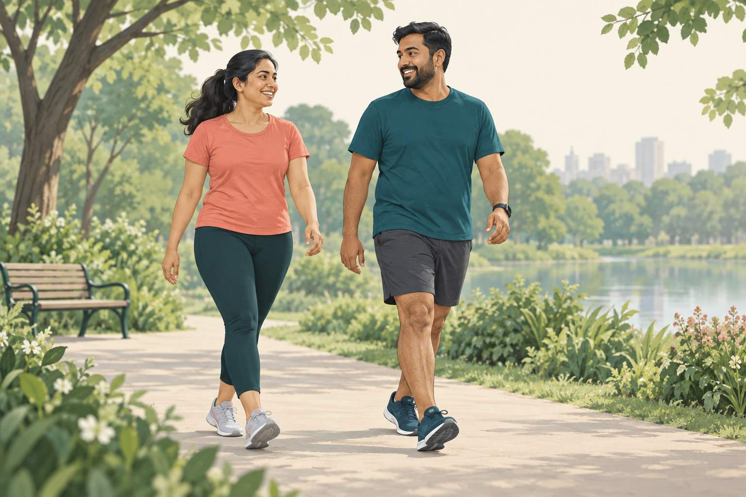 Illustrative adults walking outdoors